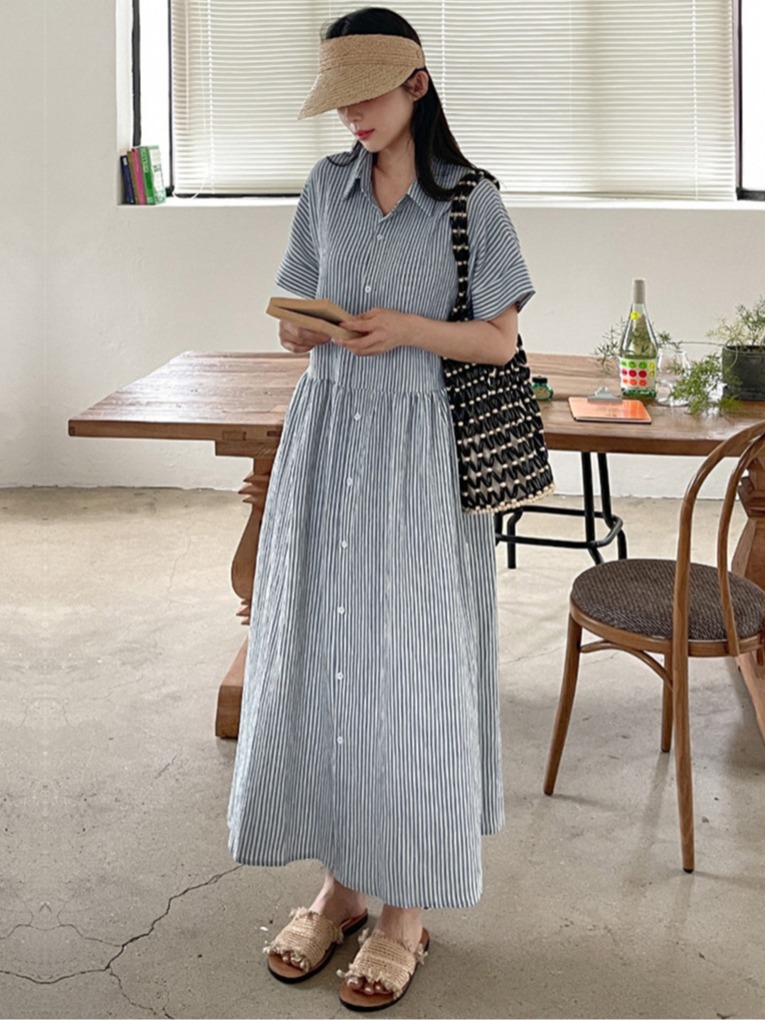Casual Loose Linen Shirt Dress - 레트로 한국 스타일 루즈핏 슬리밍 스트라이프