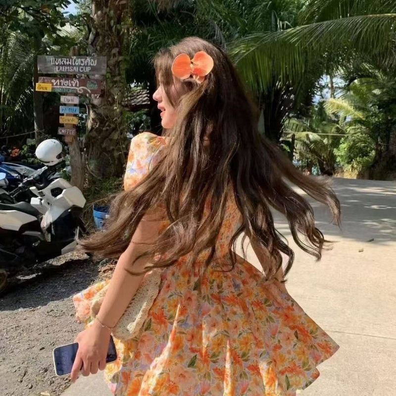 Off Shoulder Puff Sleeve Sundress - 2026 신상 오렌지 플로럴 프린트 오프숄더