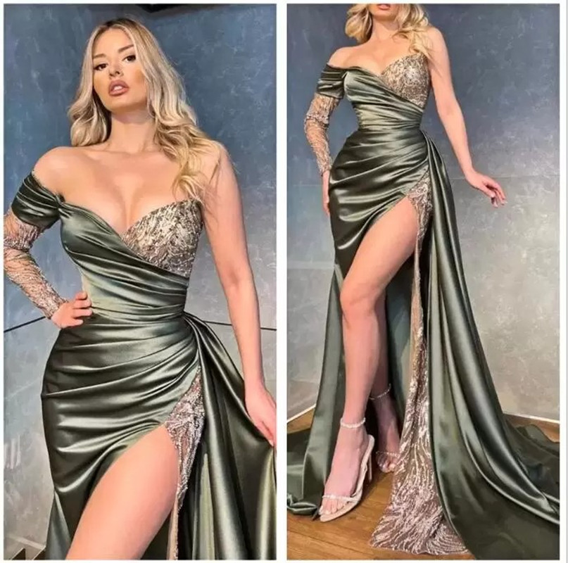 Elegant Satin Evening Gown Split - 우아한 새틴 롱 슬리브 시퀸 레이스