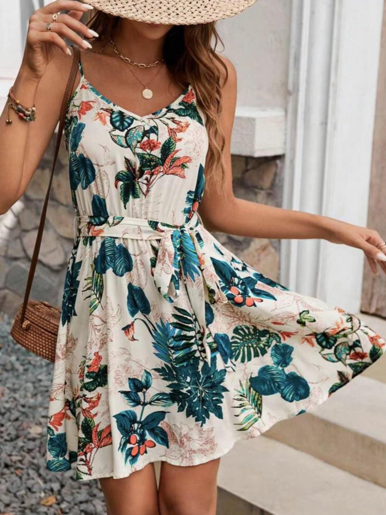French Vintage Floral Midi Dress - 보헤미안 스타일 여성용 벨트 드레스, 휴가