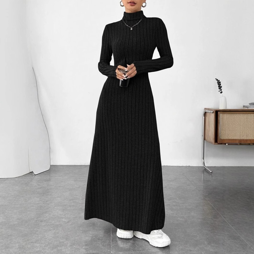 우아한 가을 하이 칼라 긴소매 슬림 드레스 여성용 솔리 - Bodycon Long Sleeve Ribbed Dress 리뷰 및 가격