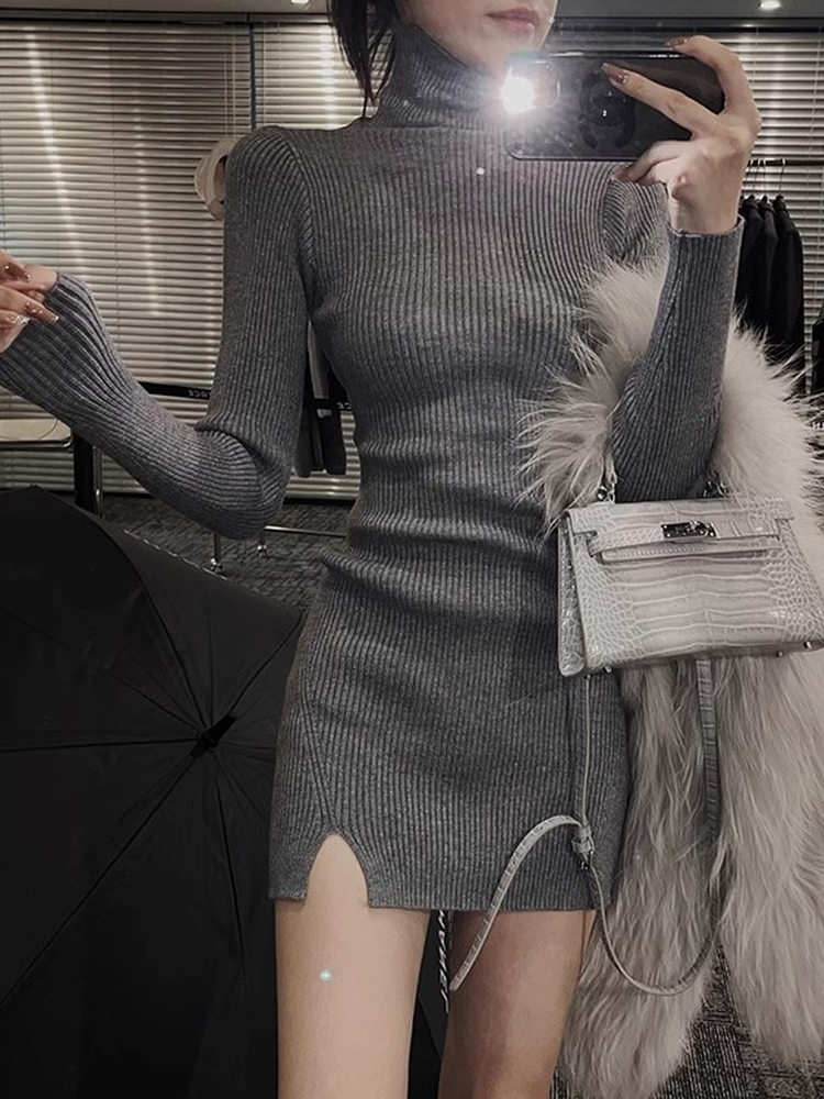 여성 바디콘 미니 니트 드레스 터틀넥 솔리드 그레이 리 - Bodycon Long Sleeve Ribbed Dress 리뷰 및 가격