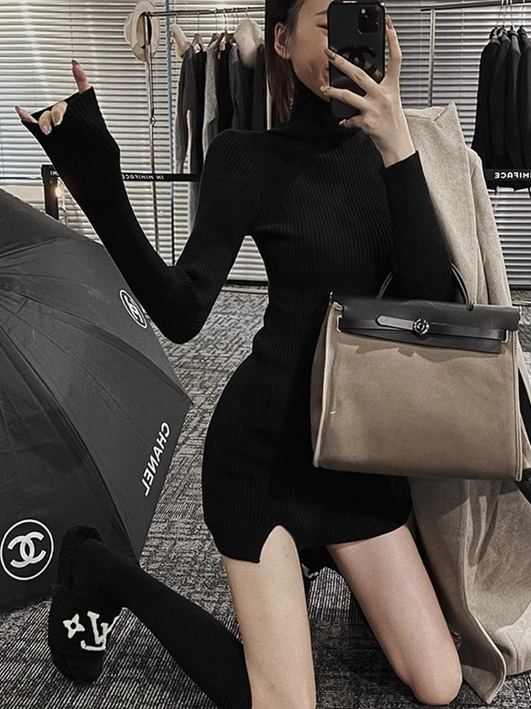 여성 바디콘 미니 니트 드레스 터틀넥 솔리드 그레이 리 - Bodycon Long Sleeve Ribbed Dress 리뷰 및 가격