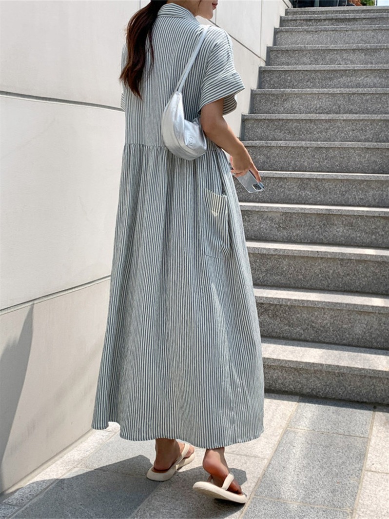 레트로 한국 스타일 루즈핏 슬리밍 스트라이프 셔츠 드레 - Casual Loose Linen Shirt Dress 리뷰 및 가격