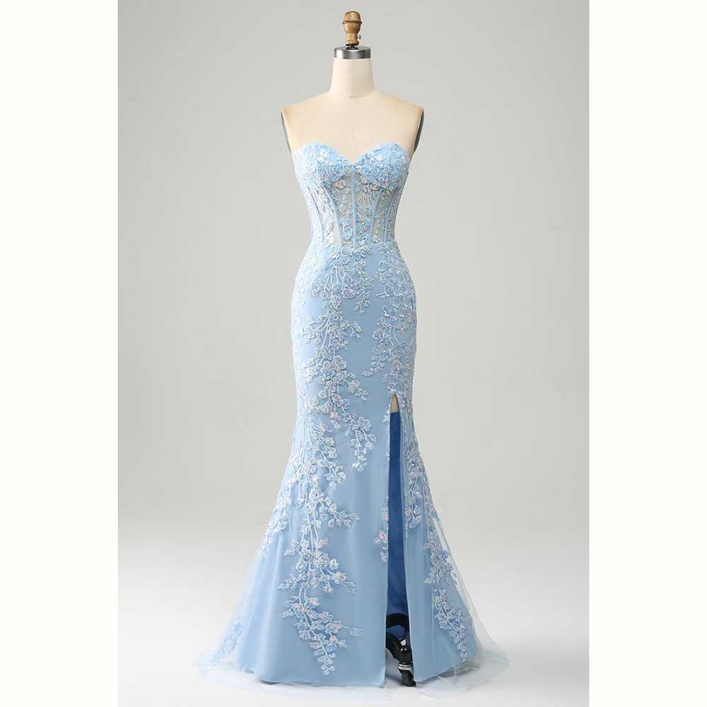 우아한 라이트 블루 새틴 여성 이브닝 파티 드레스 섹시 - Elegant Satin Evening Gown Split 리뷰 및 가격