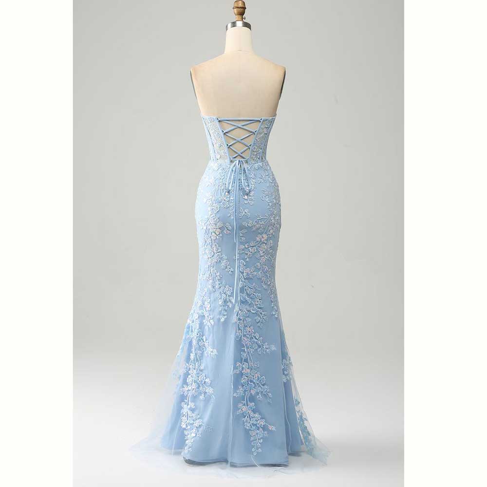 우아한 라이트 블루 새틴 여성 이브닝 파티 드레스 섹시 - Elegant Satin Evening Gown Split 리뷰 및 가격