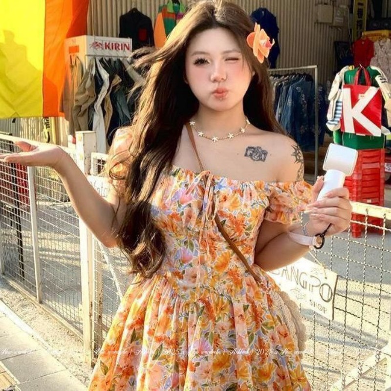 2026 신상 오렌지 플로럴 프린트 오프숄더 미니 드레 - Off Shoulder Puff Sleeve Sundress 리뷰 및 가격