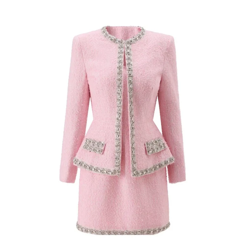 프리미엄 핑크 트위드 여성 투피스 의상, 비즈 장식 블 - Tweed Two Piece Blazer Dress 리뷰 및 가격
