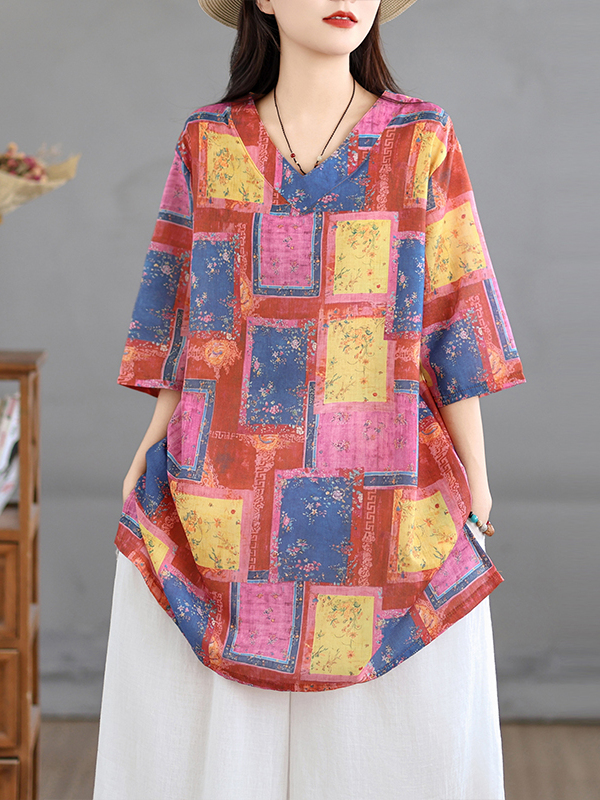 캐주얼 린넨 프린트 탑 빈티지 루즈핏 V넥 미디 길이  - Casual Loose Linen Shirt Dress 리뷰 및 가격