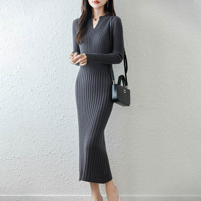 스마트 미니멀리스트 리브드 2025 여성용 롱 브이넥  - Bodycon Long Sleeve Ribbed Dress 리뷰 및 가격