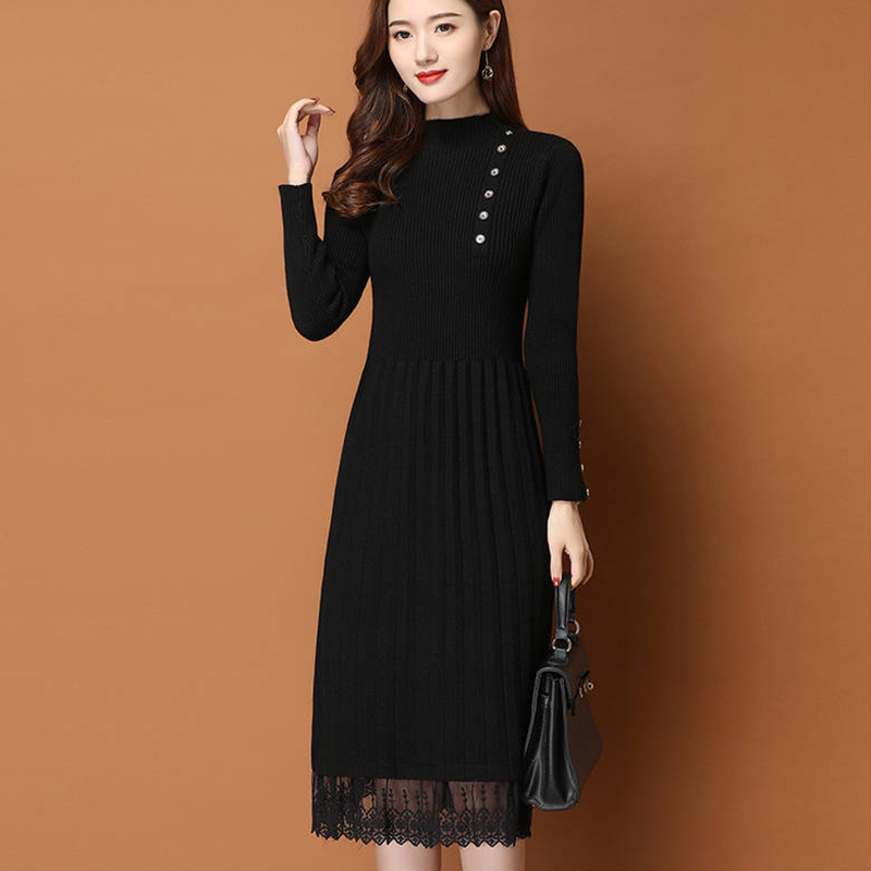 레이스 밑단 버튼 여성 가을 ​​겨울 스웨터 니트 라인 - Bodycon Long Sleeve Ribbed Dress 리뷰 및 가격