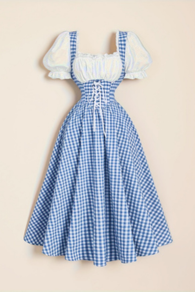 여성 패션 블루 앤 화이트 그리드 스플라이싱 스트랩 웨 - French Vintage Floral Midi Dress 리뷰 및 가격