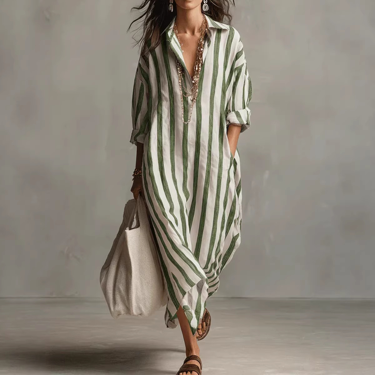여름 우아한 턴다운 칼라 린넨 스트라이프 셔츠 드레스  - Casual Loose Linen Shirt Dress 리뷰 및 가격
