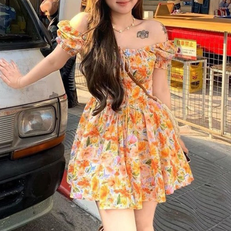 핫세일 오렌지 플로럴 프린트 오프숄더 미니 드레스 퍼프 - Off Shoulder Puff Sleeve Sundress 리뷰 및 가격